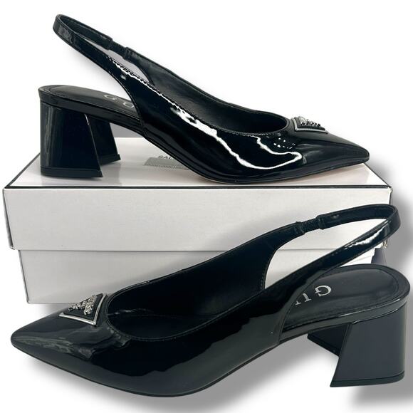 GUESS Zanda Slingback Block Heel Pumps Black Patent Size 7.5 Pointy Toe Heels - Picture 9 of 12